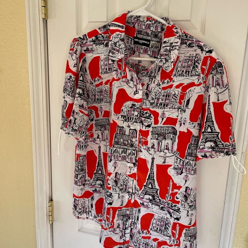 Karl Lagerfeld Red and White Graphic Women's Button Down Shirt
